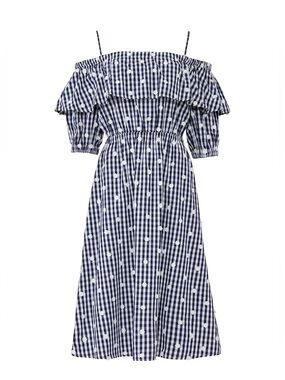 Perseverance London - Embroidered Floral Checkered Off Shoulder Midi Dress SZ 12